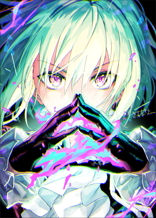 1boy bangs black_gloves fingers_together fire gloves green_hair hair_between_eyes lio_fotia long_sleeves male_focus promare purple_eyes purple_fire sakanahen signature solo steepled_fingers upper_body white_neckwear