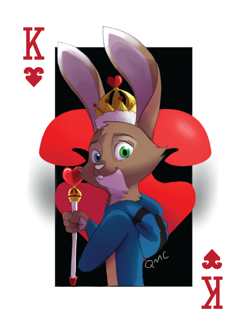 &lt;3 anthro card clothing cosplay costume crown heterochromia hoodie jake_thumpings king_of_hearts lagomorph leporid male mammal quirky-middle-child rabbit scepter solo suit_symbol topwear