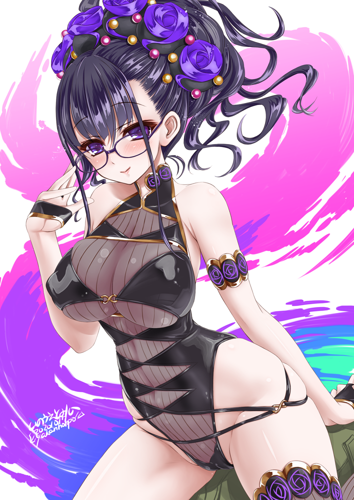 1girl armlet black_hair black_swimsuit blush breasts closed_mouth cowboy_shot fate/grand_order fate_(series) glasses hair_ornament inoue_tomii large_breasts looking_at_viewer multicolored multicolored_background murasaki_shikibu_(fate) murasaki_shikibu_(swimsuit_rider)_(fate) purple_eyes signature smile solo swimsuit