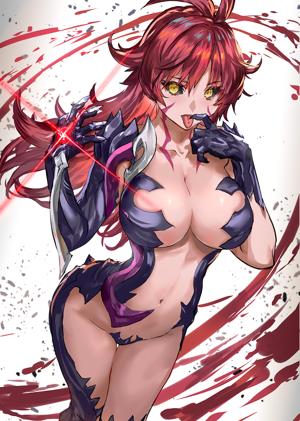 1girl amaha_masane bangs black_sclera blade breasts cleavage commentary_request fingernails glowing highres large_breasts long_hair messy_hair navel piercing ran'ou_(tamago_no_kimi) red_hair revealing_clothes sharp_fingernails solo tattoo tongue tongue_out tongue_piercing weapon witchblade yellow_eyes