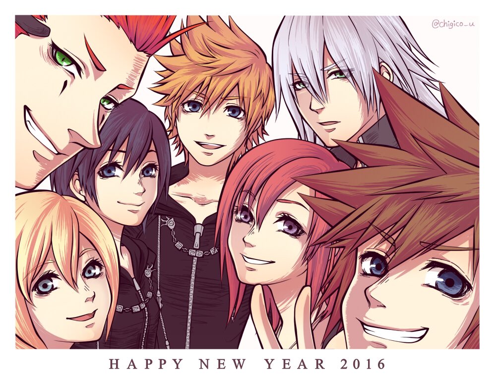 axel_(kingdom_hearts) black_coat_(kingdom_hearts) black_hair blonde_hair blue_eyes breasts brown_hair closed_mouth gloves green_eyes happy_new_year kairi_(kingdom_hearts) kingdom_hearts kingdom_hearts_358/2_days kingdom_hearts_ii long_hair looking_at_viewer multiple_boys multiple_girls new_year open_mouth red_hair riku roxas short_hair silver_hair simple_background smile sora_(kingdom_hearts) spiked_hair white_background xion_(kingdom_hearts)