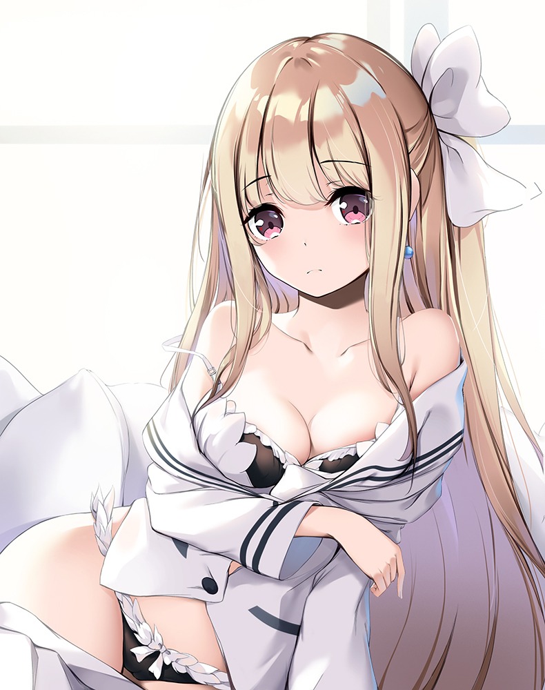 1girl 373012201 arm_under_breasts bare_shoulders black_bra black_panties blonde_hair blush bow bra breast_rest breasts cleavage date_a_live earrings frilled_bra frilled_panties frills frown hair_bow jacket jacket_pull jewelry long_hair long_sleeves looking_at_viewer mayuri_(date_a_live) medium_breasts off_shoulder panties pink_eyes purple_eyes side_ponytail sitting skirt skirt_pull solo strap_slip underwear undressing very_long_hair white_bow white_jacket white_skirt