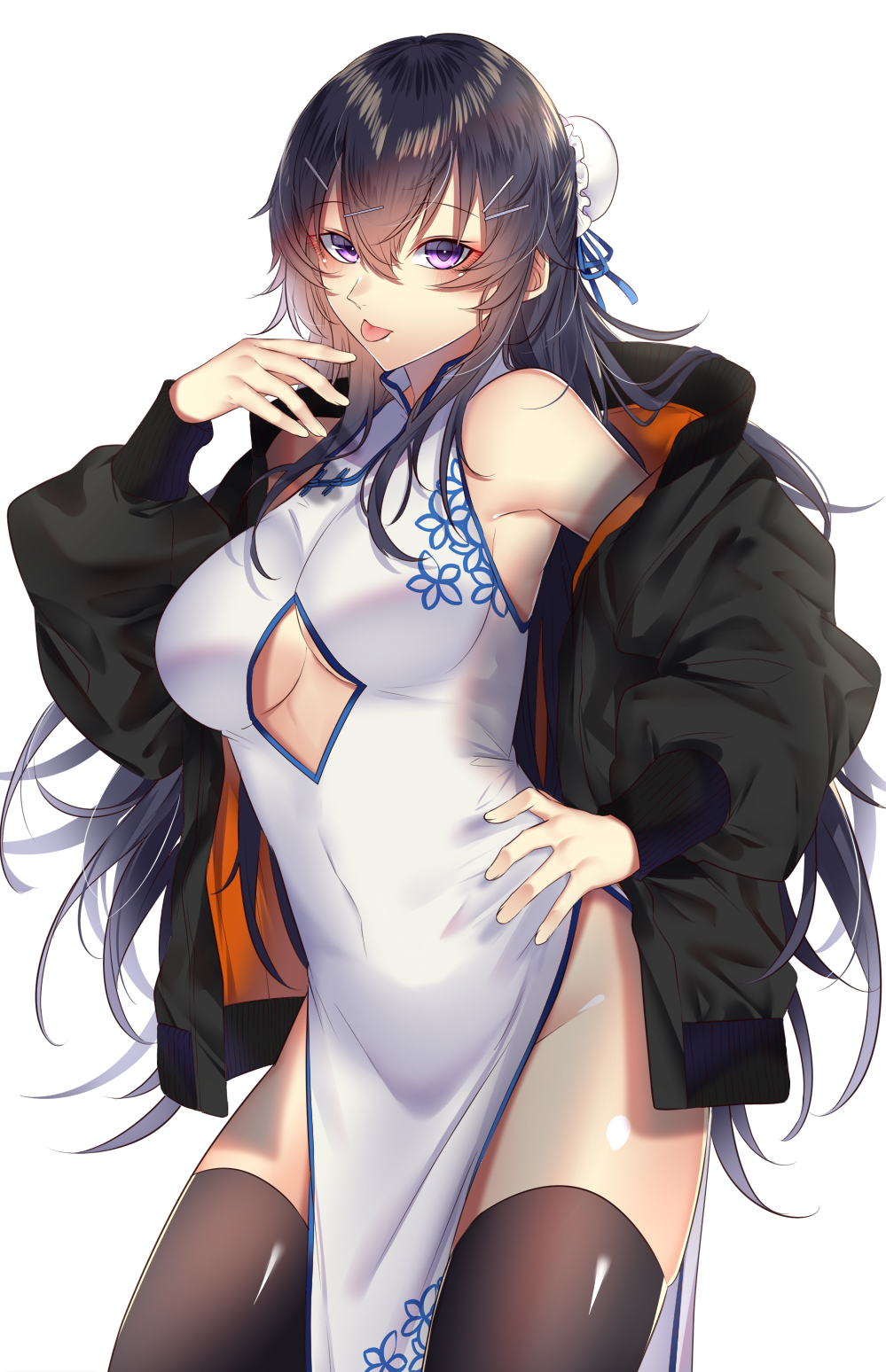 1girl :p bare_shoulders black_hair black_legwear bomber_jacket breasts china_dress chinese_clothes commentary_request dress eyeliner hair_between_eyes hair_bun hand_on_hip highres jacket long_hair looking_at_viewer makeup onineko-chan original simple_background solo thighhighs tongue tongue_out white_background