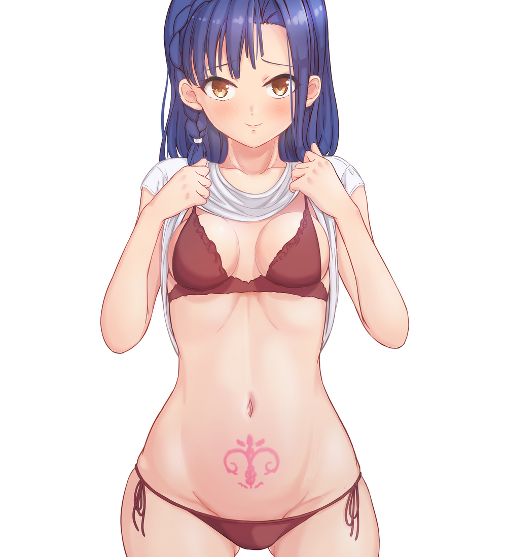 1girl bangs blue_hair blush bra braid breasts commentary_request cowboy_shot idolmaster idolmaster_million_live! idolmaster_million_live!_theater_days loeldrive medium_breasts nanao_yuriko panties pubic_tattoo red_bra red_panties shirt_lift short_hair side-tie_panties simple_background smile solo stomach_tattoo tattoo underwear white_background yellow_eyes