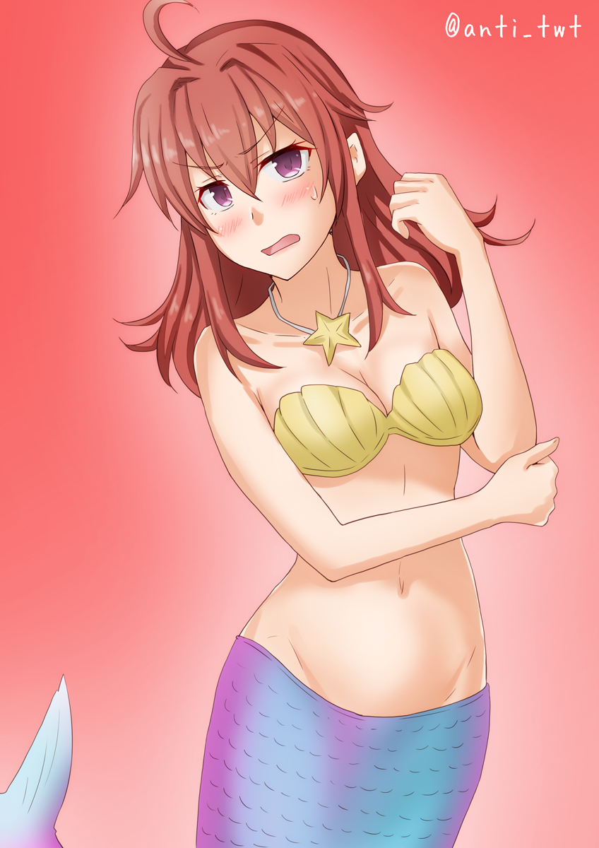 1girl anti_(untea9) arashi_(kantai_collection) blush breasts highres jewelry kantai_collection looking_at_viewer mermaid_costume navel necklace open_mouth red_hair shell shell_bikini small_breasts