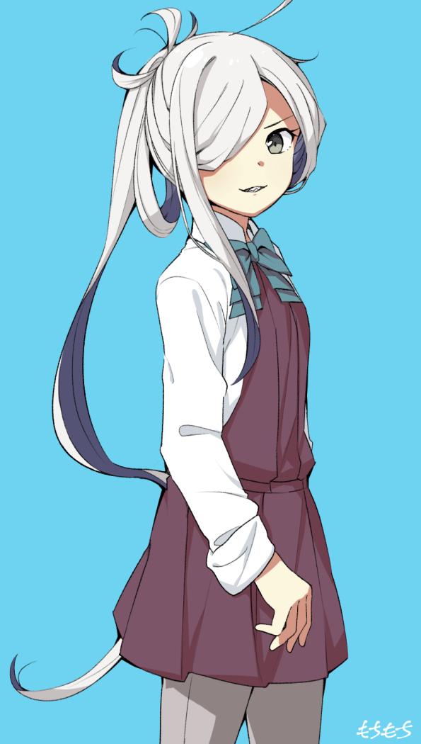 1girl ahoge artist_name asashimo_(kantai_collection) blue_background bow bowtie cowboy_shot dress grey_eyes grey_legwear hair_over_one_eye halterneck kantai_collection light_smile moti_coi pantyhose parted_lips school_uniform shirt simple_background solo standing white_shirt