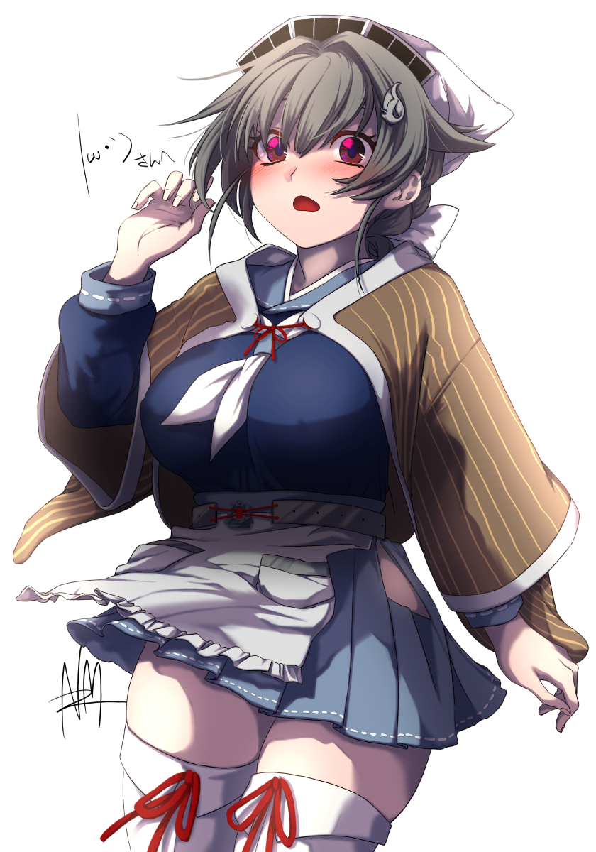 1girl apron bandana black_hair blue_sailor_collar blue_serafuku blue_skirt breasts brown_shawl cowboy_shot hair_flaps hair_ornament hairclip highres hip_vent jingei_(kantai_collection) kantai_collection large_breasts long_hair long_sleeves low_ponytail miniskirt neckerchief nmz_(namazu) pleated_skirt red_eyes sailor_collar sailor_shirt school_uniform serafuku shirt skirt solo standing thighhighs waist_apron white_apron white_background white_legwear white_neckwear