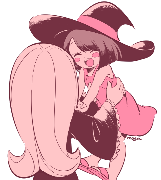 2girls :d blush_stickers child closed_eyes hat kagari_atsuko lifting_person little_witch_academia long_hair majo_shuukai_de_aimashou multiple_girls open_mouth short_hair smile sucy_manbavaran tama_(tm_suac) white_background wide_sleeves witch_hat younger