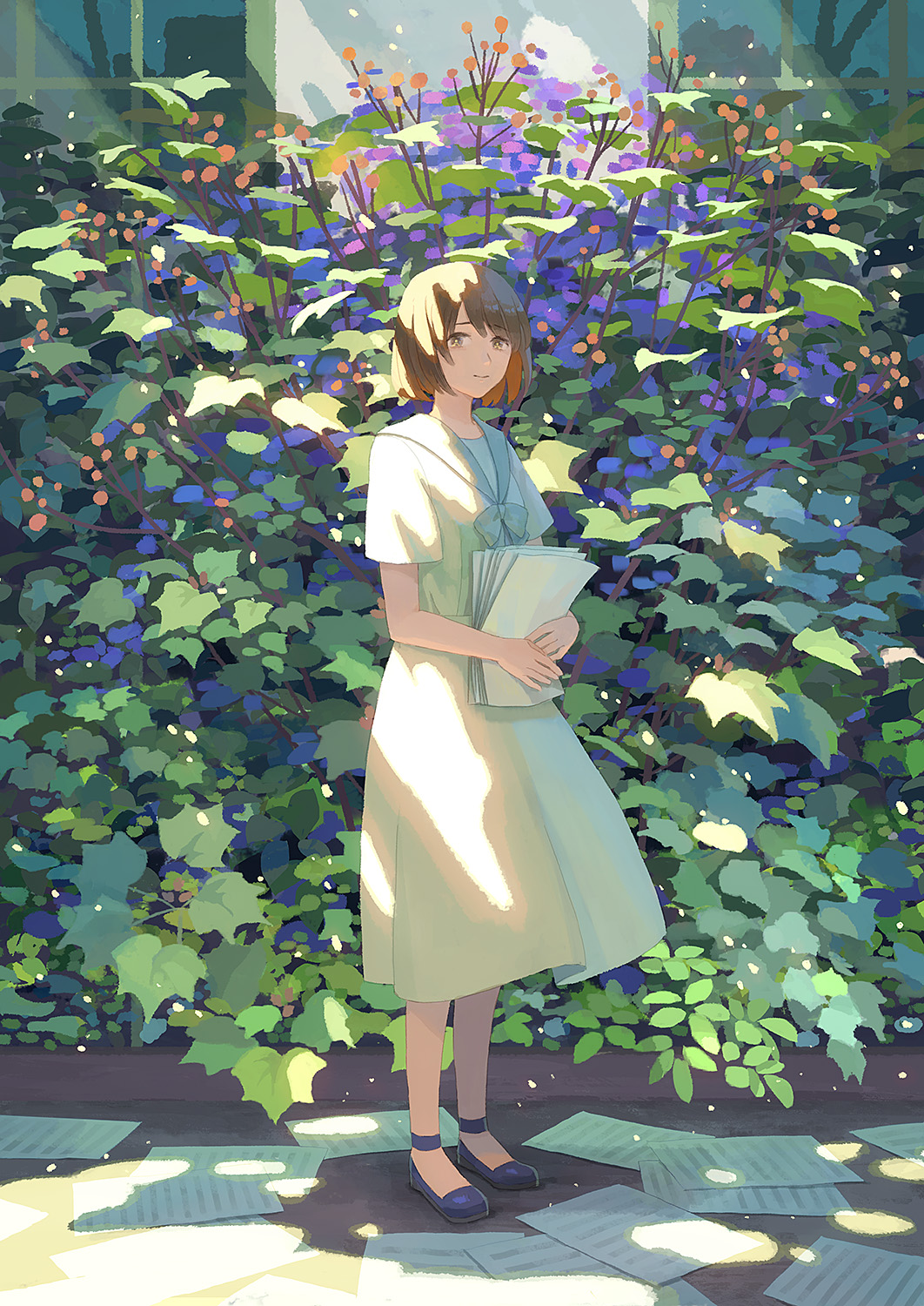 1girl bangs bare_legs black_footwear bob_cut brown_hair closed_mouth dress eyebrows eyebrows_visible_through_hair flower highres hiko_(scape) holding holding_paper looking_at_viewer original paper plant sailor_collar shoes short_hair short_sleeves sleeves smile solo standing summer_uniform white_dress yellow_eyes