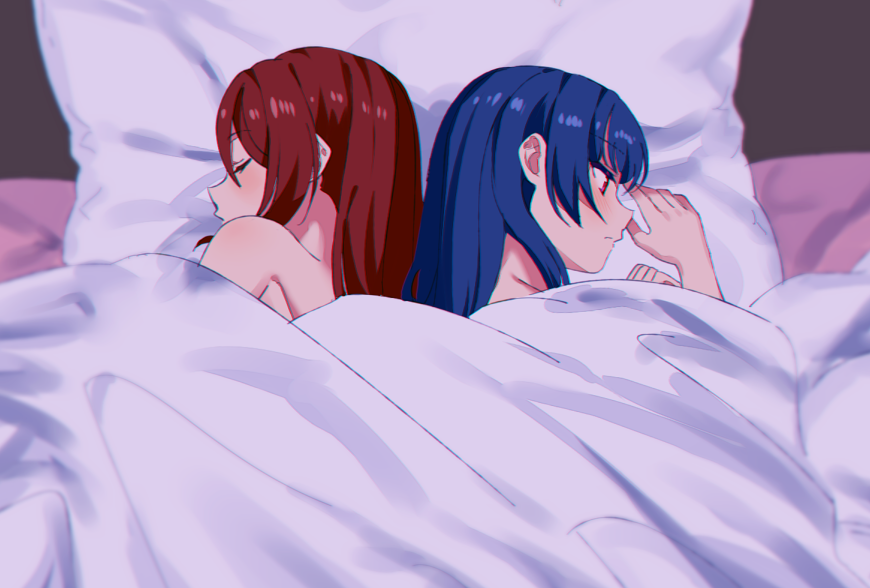 2girls back-to-back bed_sheet blue_hair closed_eyes closed_mouth couple from_above long_hair love_live! love_live!_sunshine!! lying multiple_girls on_side pillow profile red_eyes red_hair sakurauchi_riko sellel shiny shiny_hair sleeping tsushima_yoshiko under_covers yuri