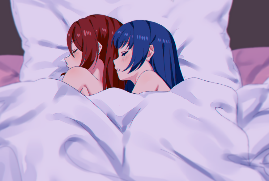 2girls back-to-back bed_sheet blue_hair closed_eyes closed_mouth couple from_above long_hair love_live! love_live!_sunshine!! lying multiple_girls on_side parted_lips pillow profile red_hair sakurauchi_riko sellel shiny shiny_hair sleeping tsushima_yoshiko under_covers yuri