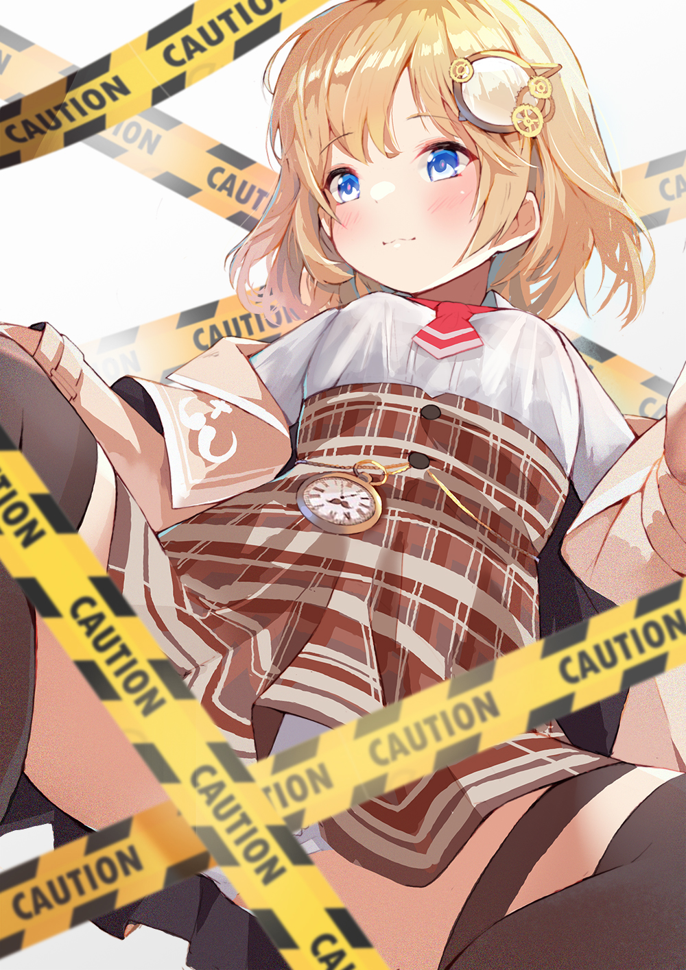 1girl bangs black_legwear blonde_hair blue_eyes blush breasts brown_jacket brown_skirt caution_tape closed_mouth eyebrows_visible_through_hair gradient gradient_background grey_background hair_ornament high-waist_skirt highres hololive hololive_english jacket kobi_(piliheros2000) looking_away looking_to_the_side open_clothes open_jacket plaid plaid_skirt pleated_skirt pocket_watch red_neckwear roman_numerals shirt short_sleeves skirt small_breasts solo thighhighs virtual_youtuber watch watson_amelia wavy_mouth white_background white_shirt