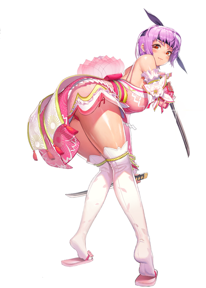1girl ass ayane_(doa) bangs closed_mouth dead_or_alive destiny_child dual_wielding full_body headband holding holding_sword holding_weapon kim_hyung_tae looking_at_viewer official_art over-kneehighs purple_hair red_eyes reverse_grip sandals shiny shiny_skin short_hair solo sword thighhighs tiptoes transparent_background wakizashi weapon white_legwear