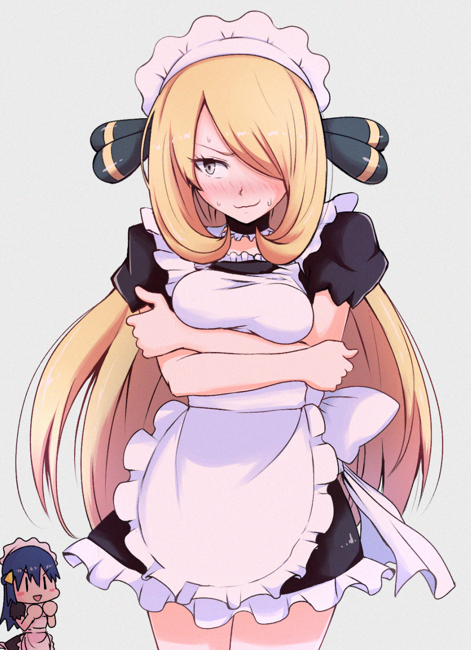 2girls alternate_costume apron arms_under_breasts black_dress blonde_hair blush blush_stickers breasts closed_mouth commentary_request cowboy_shot cynthia_(pokemon) dawn_(pokemon) dress enmaided eyelashes frills grey_eyes hair_ornament hair_over_one_eye highres kurachi_mizuki long_hair looking_away maid maid_apron maid_dress maid_headdress multiple_girls pokemon pokemon_(game) pokemon_dppt shiny shiny_hair short_sleeves sweat wavy_mouth