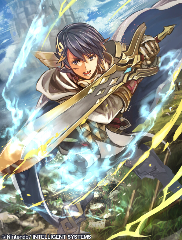 1boy alfonse_(fire_emblem) armor bangs blonde_hair blue_eyes blue_hair cape castle fire fire_emblem fire_emblem_cipher fire_emblem_heroes greaves hair_ornament holding holding_sword holding_weapon multicolored_hair nijihayashi official_art open_mouth skyline sword weapon white_cape