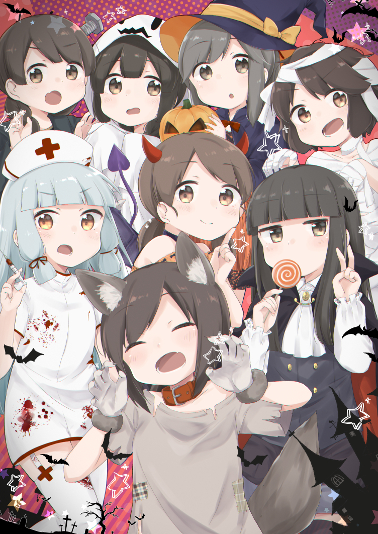 6+girls ^_^ ^o^ animal_ears aoshima_sakana bandaged_arm bandages bangs black_cape black_hair blunt_bangs blush brown_eyes brown_hair candy cape closed_eyes demon_horns demon_tail eyebrows_visible_through_hair fang food fubuki_(kantai_collection) grey_hair hair_between_eyes hair_ribbon halloween halloween_costume hat hatsuyuki_(kantai_collection) hime_cut holding holding_candy holding_food holding_lollipop holding_syringe horns isonami_(kantai_collection) jack-o'-lantern kantai_collection lollipop long_hair long_sleeves miyuki_(kantai_collection) multiple_girls murakumo_(kantai_collection) nurse nurse_cap open_mouth orange_eyes pumpkin red_cross red_ribbon ribbon shirayuki_(kantai_collection) short_hair short_ponytail short_twintails silver_hair skin_fang smile syringe tail tress_ribbon twintails uranami_(kantai_collection) usugumo_(kantai_collection) v witch_hat wolf_ears wolf_tail