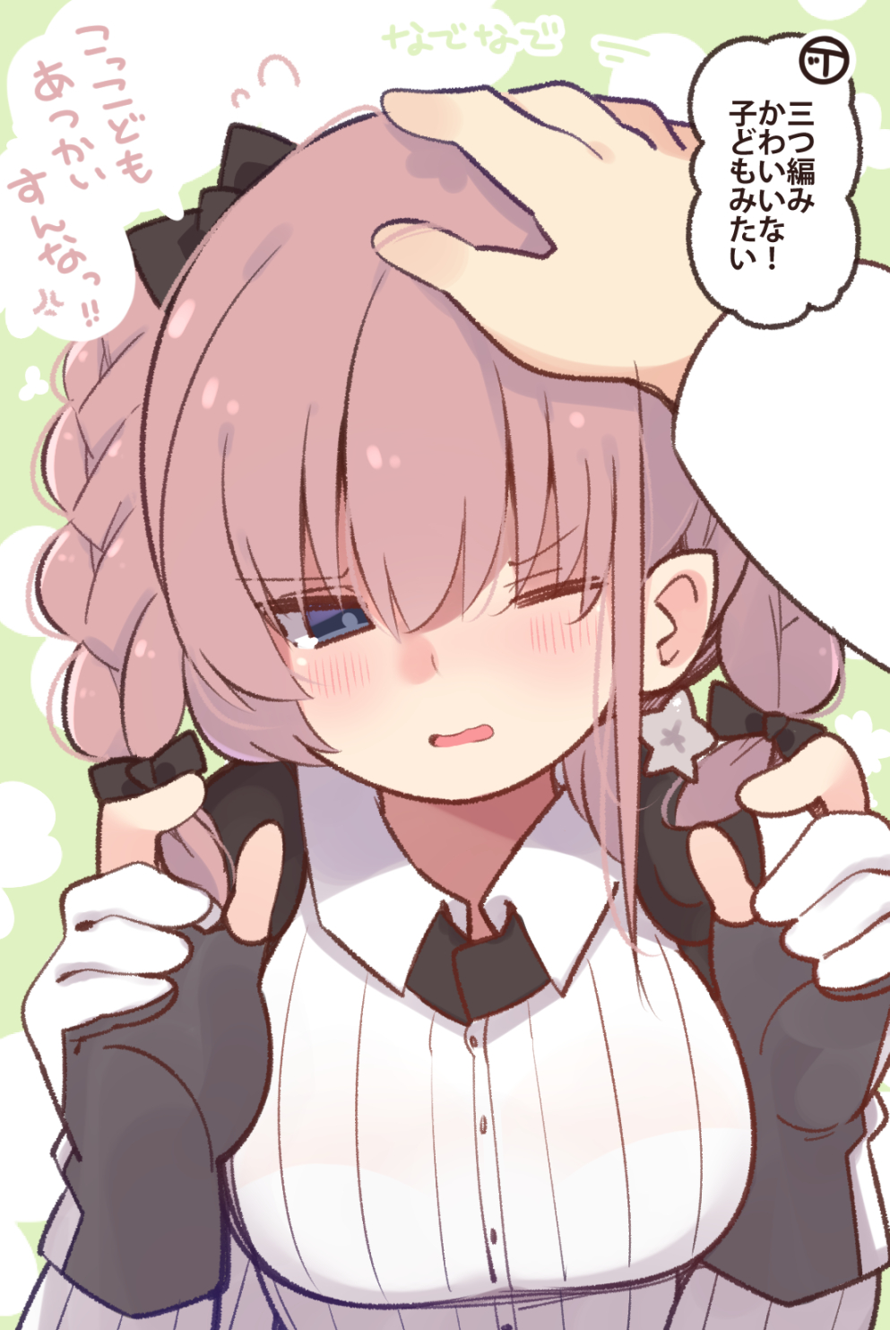 1boy 1girl admiral_(kantai_collection) alternate_hairstyle atlanta_(kantai_collection) blush braid breasts brown_hair buttons collared_shirt earrings eyebrows_visible_through_hair gloves grey_eyes highres jewelry kantai_collection large_breasts long_hair long_sleeves one_eye_closed open_mouth partly_fingerless_gloves shirt solo_focus speech_bubble star_(symbol) star_earrings suzuki_toto translation_request twin_braids upper_body white_shirt
