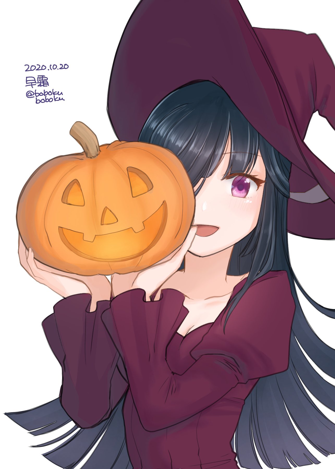 1girl alternate_costume black_hair bobokuboboku character_name dated dress hair_over_one_eye hayashimo_(kantai_collection) highres hime_cut jack-o'-lantern kantai_collection long_hair purple_dress purple_eyes simple_background smile solo twitter_username upper_body very_long_hair white_background