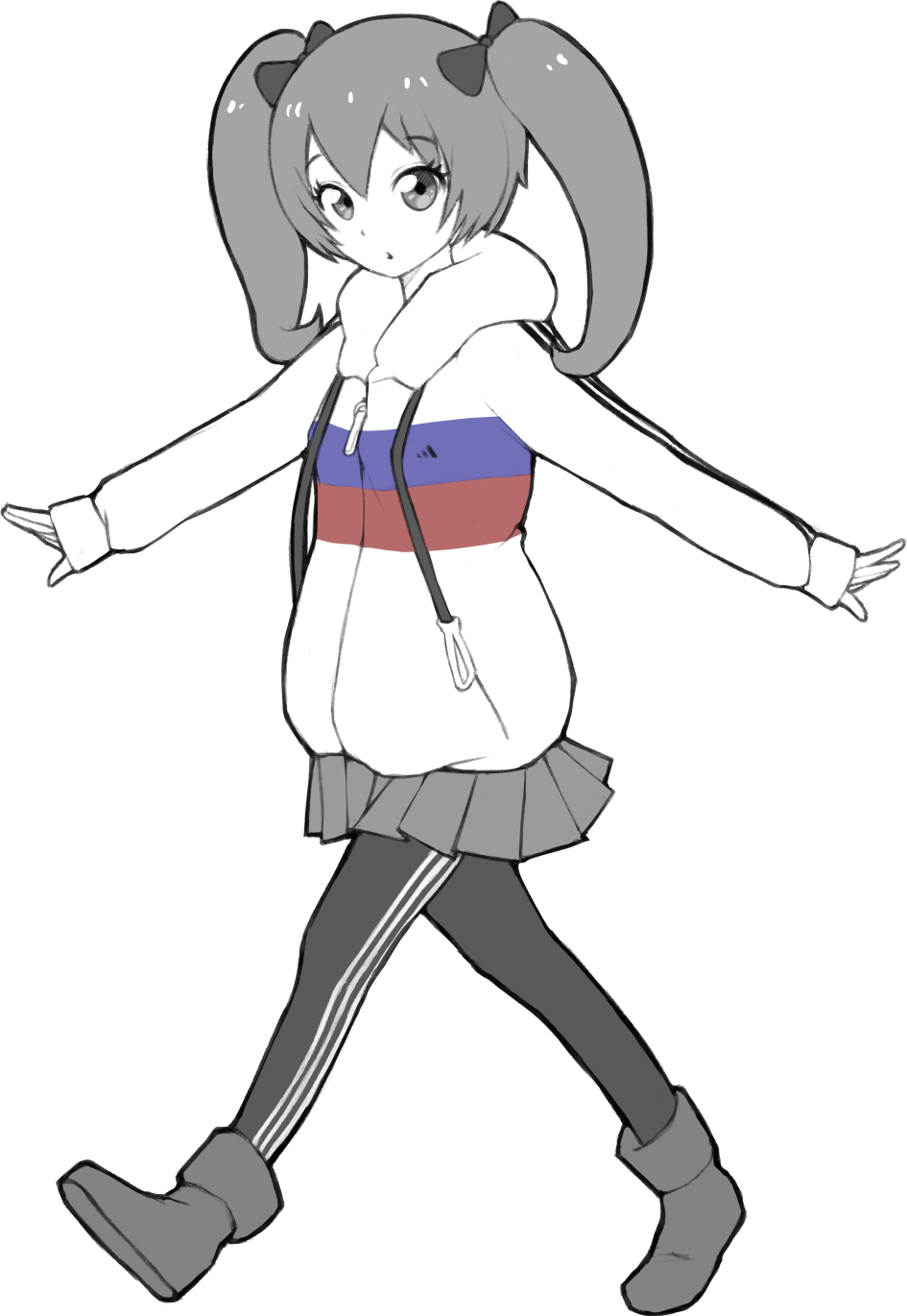 1girl archived_source boots bow drawfag greyscale hair_ornament highres hood hoodie looking_at_viewer monochrome original russian_flag shadow-chan skirt solo twintails