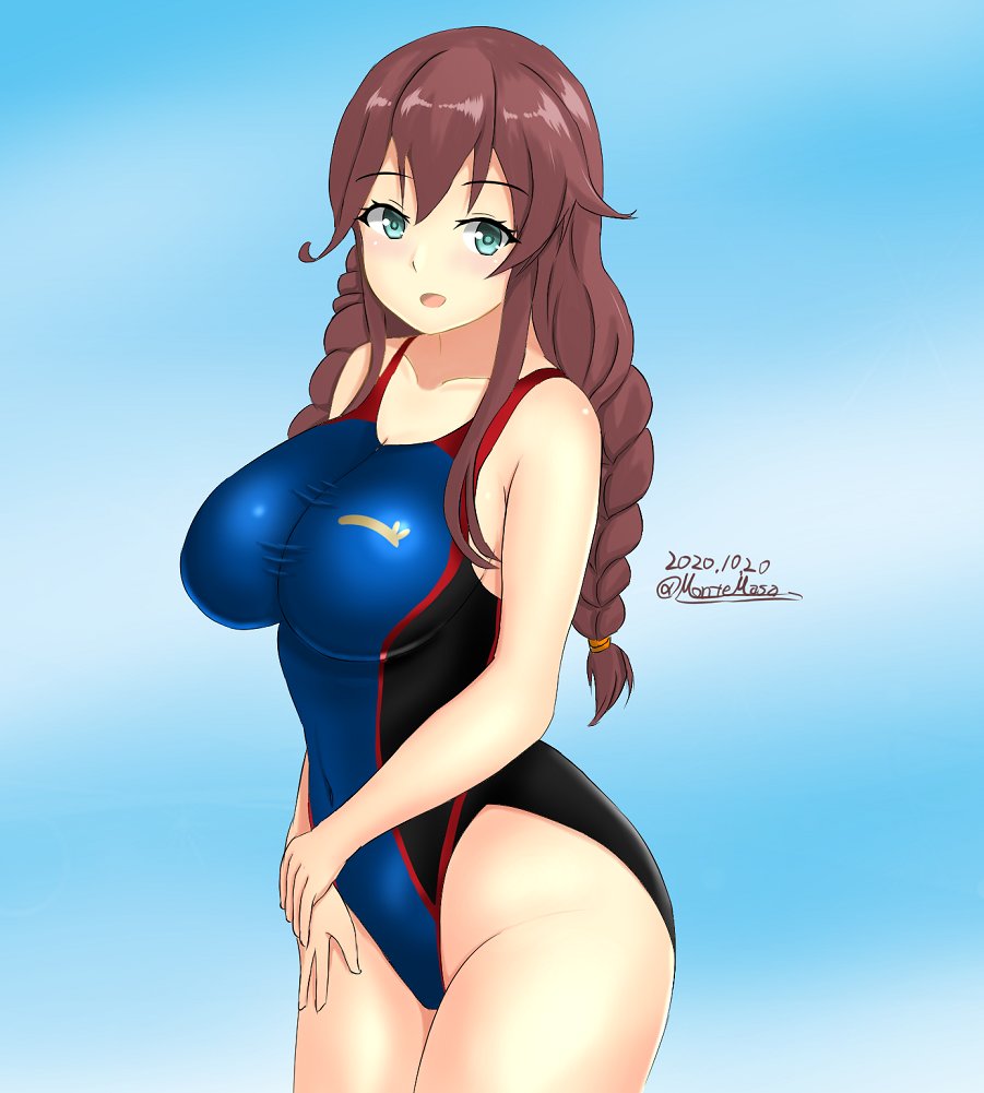 1girl black_swimsuit blue_sky blue_swimsuit braid breasts brown_hair cloud cloudy_sky collarbone competition_swimsuit cowboy_shot dated green_eyes kantai_collection large_breasts looking_at_viewer montemasa noshiro_(kantai_collection) one-piece_swimsuit open_mouth outdoors sky smile solo swimsuit twin_braids twitter_username