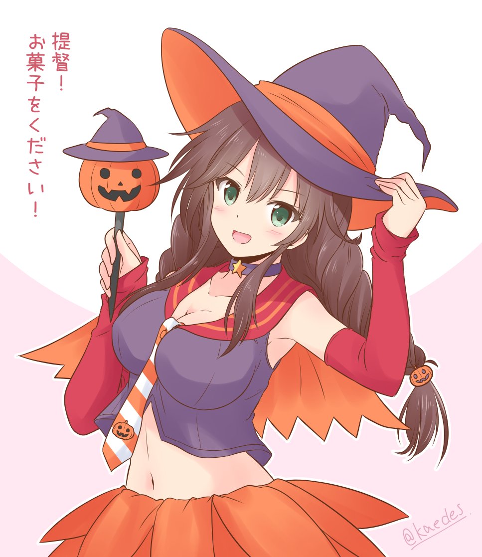 1girl alternate_costume bangs braid bridal_gauntlets brown_hair commentary_request crop_top green_eyes hat icesherbet jack-o'-lantern kantai_collection long_hair midriff navel noshiro_(kantai_collection) orange_sailor_collar orange_skirt purple_headwear purple_shirt sailor_collar shirt skirt sleeveless sleeveless_shirt solo swept_bangs translation_request twin_braids upper_body wand witch_hat