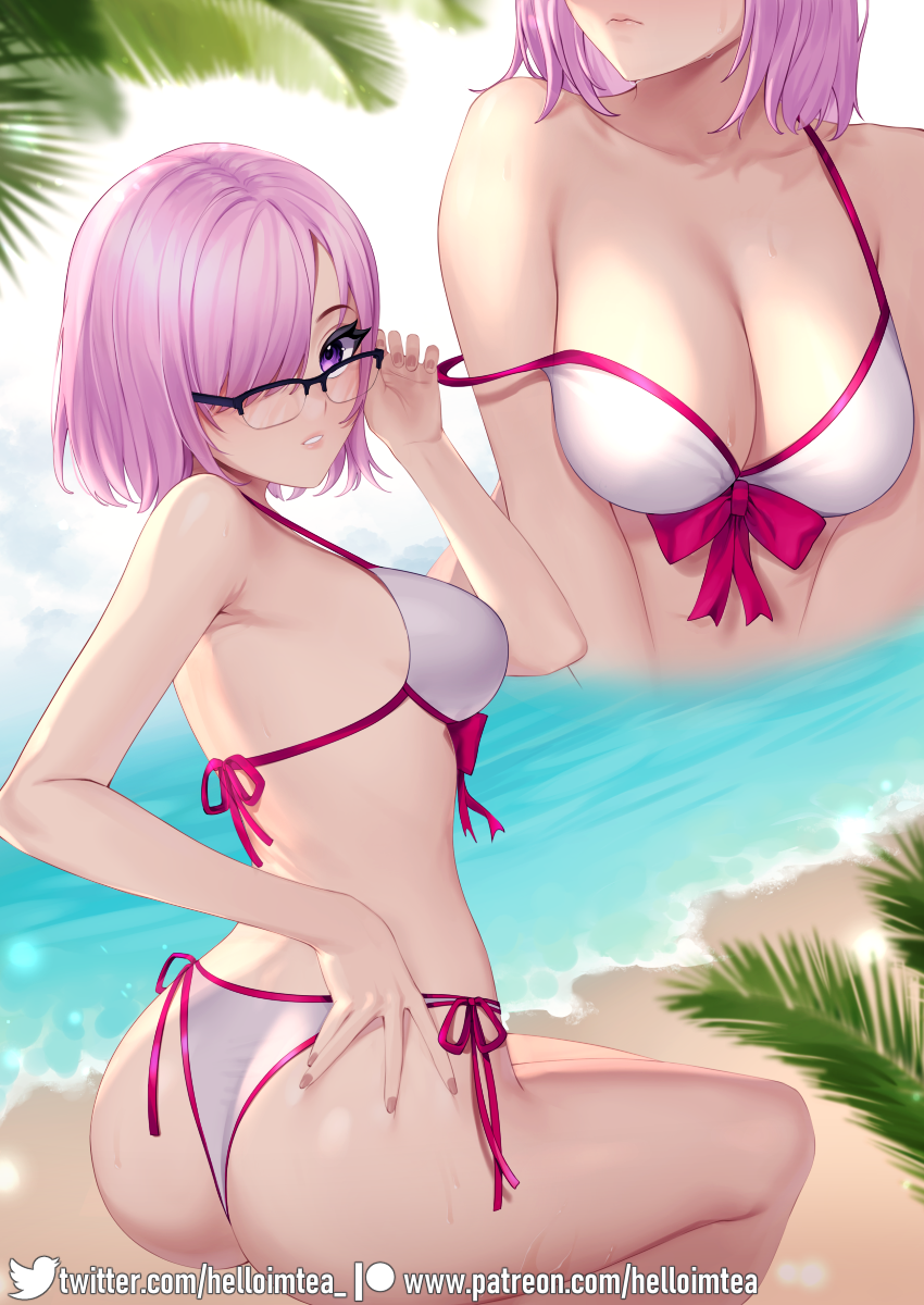 1girl ass back bangs bare_shoulders bikini blush breasts cleavage collarbone fate/grand_order fate_(series) glasses hair_over_one_eye helloimtea highres large_breasts light_purple_hair looking_at_viewer looking_back mash_kyrielight purple_eyes short_hair swimsuit swimsuit_of_perpetual_summer thighs white_bikini