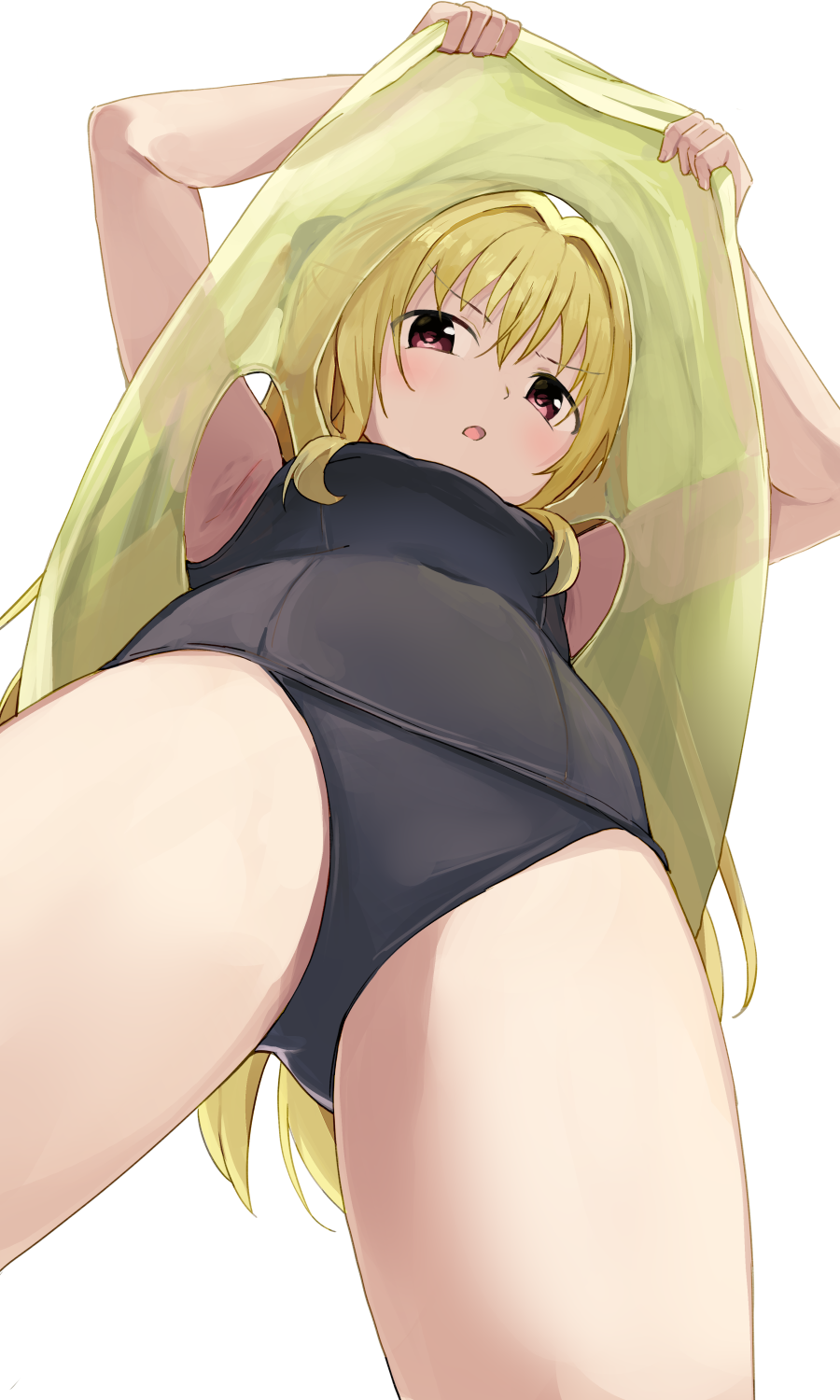 1girl bangs black_swimsuit blonde_hair blush breasts commentary_request cowboy_shot from_below hair_intakes highres hiroki_(yyqw7151) konjiki_no_yami long_hair looking_at_viewer looking_down old_school_swimsuit one-piece_swimsuit open_mouth red_eyes school_swimsuit shirt simple_background small_breasts solo standing swimsuit to_love-ru to_love-ru_darkness upshirt white_background yellow_shirt