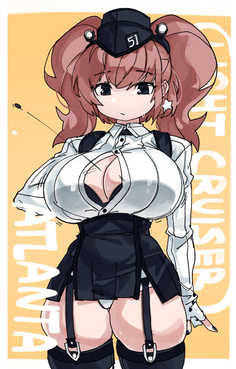 1girl atlanta_(kantai_collection) bra bra_through_clothes breasts brown_hair bursting_breasts button_gap earrings english_commentary english_text eyebrows_visible_through_hair flying_button garrison_cap gloves hat high-waist_skirt highres jewelry kantai_collection large_breasts long_sleeves partly_fingerless_gloves popped_button shirt simple_background skirt solo star_(symbol) star_earrings suspenders twintails undersized_clothes underwear wardrobe_malfunction yellow_background zana