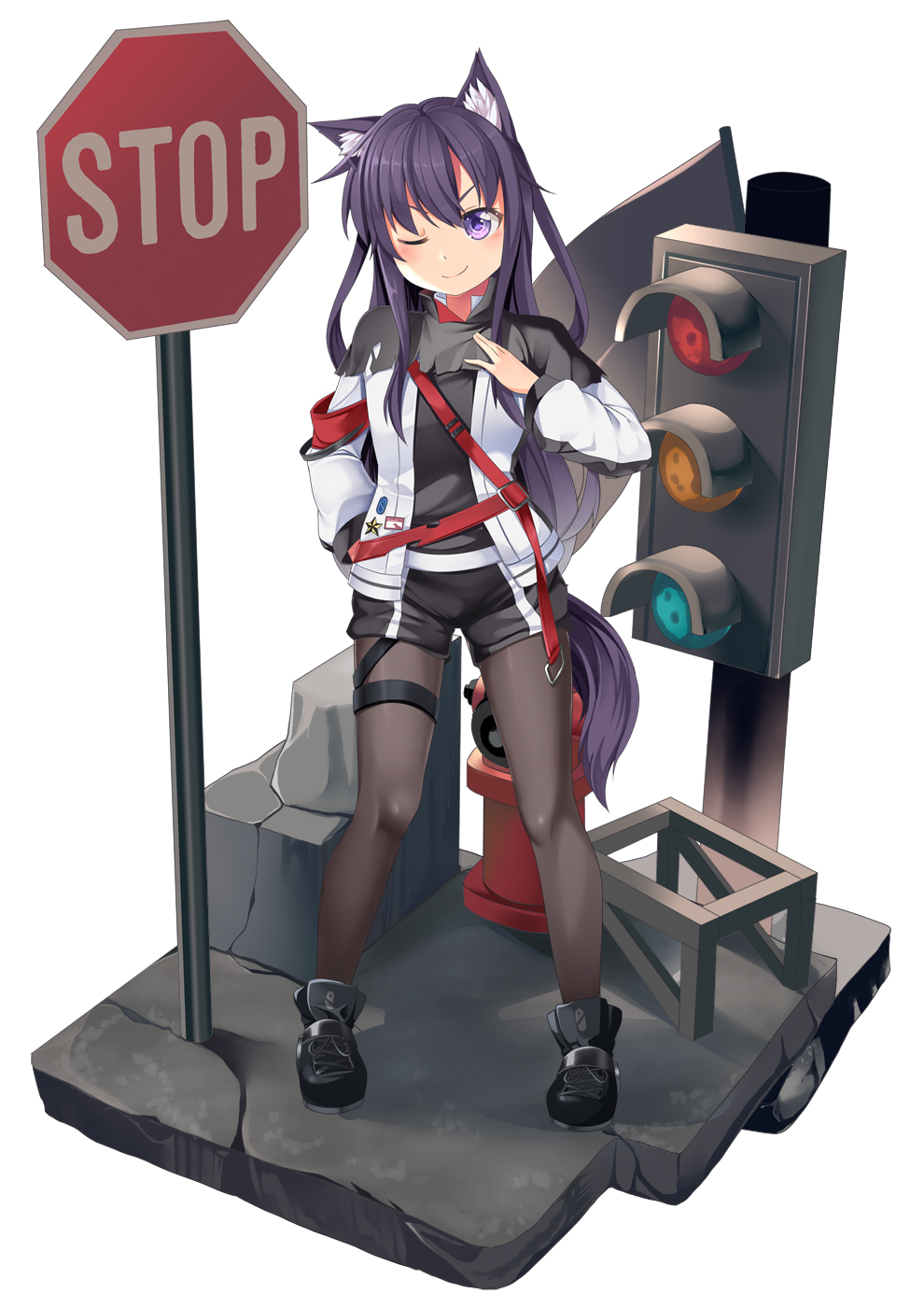 1girl ;) akatsuki_(kantai_collection) animal_ear_fluff animal_ears arknights armband bangs black_capelet black_footwear black_legwear black_shirt black_shorts blush breasts capelet commentary_request cosplay english_commentary eyebrows_visible_through_hair full_body hair_between_eyes hand_on_hip highres jacket kantai_collection kemonomimi_mode long_hair long_sleeves looking_at_viewer messy_hair mixed-language_commentary one_eye_closed open_clothes open_jacket pantyhose purple_eyes purple_hair road_sign shirt shoes short_shorts shorts sidelocks sign simple_background small_breasts smile solo standing stop_sign tail texas_(arknights) texas_(arknights)_(cosplay) traffic_light white_background white_jacket wolf_ears wolf_tail yasume_yukito
