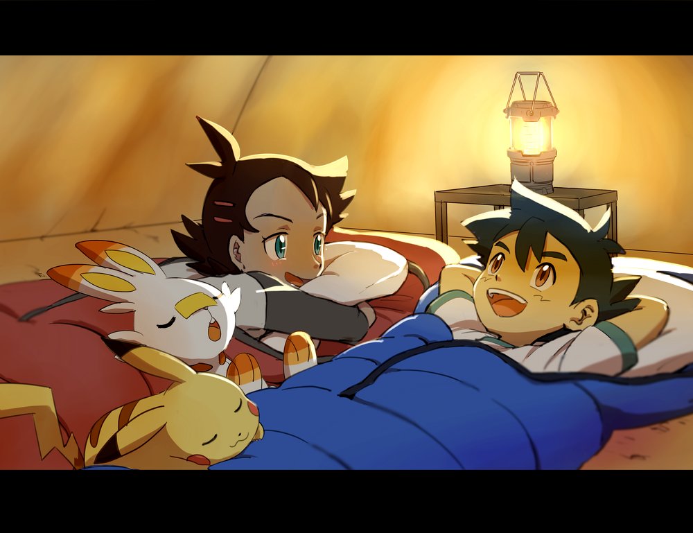 2boys antenna_hair arms_behind_head ash_ketchum black_hair blue_eyes blush brown_eyes commentary_request gen_1_pokemon gen_8_pokemon goh_(pokemon) hair_ornament head_on_pillow lantern looking_at_another lying matsuno_opa multiple_boys on_back on_stomach open_mouth pikachu pillow pokemon pokemon_(anime) pokemon_(creature) pokemon_swsh_(anime) scorbunny sleeping_bag smile teeth tent_interior tongue