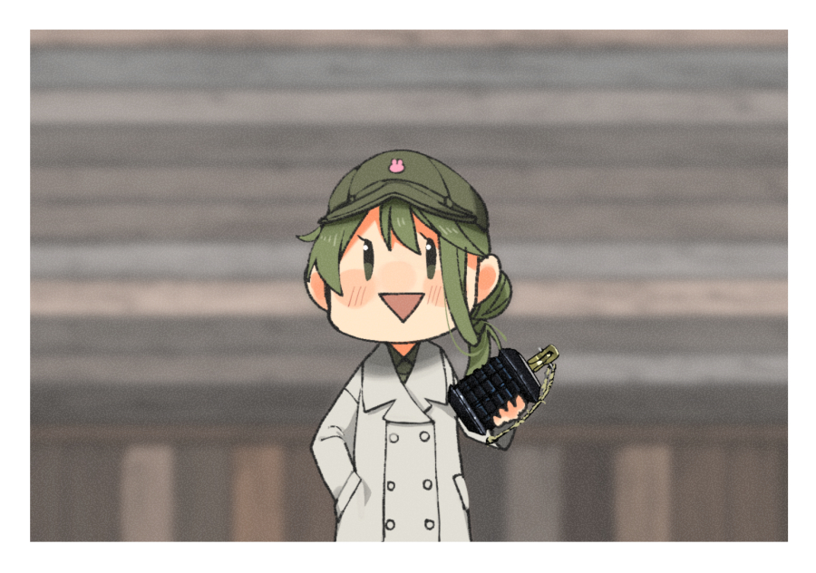 1girl annin_musou blush buttons coat explosive fairy_(kantai_collection) green_eyes green_hair green_headwear grenade grey_coat hair_between_eyes hand_in_pocket holding holding_grenade kantai_collection long_hair long_sleeves open_mouth smile solo triangle_mouth