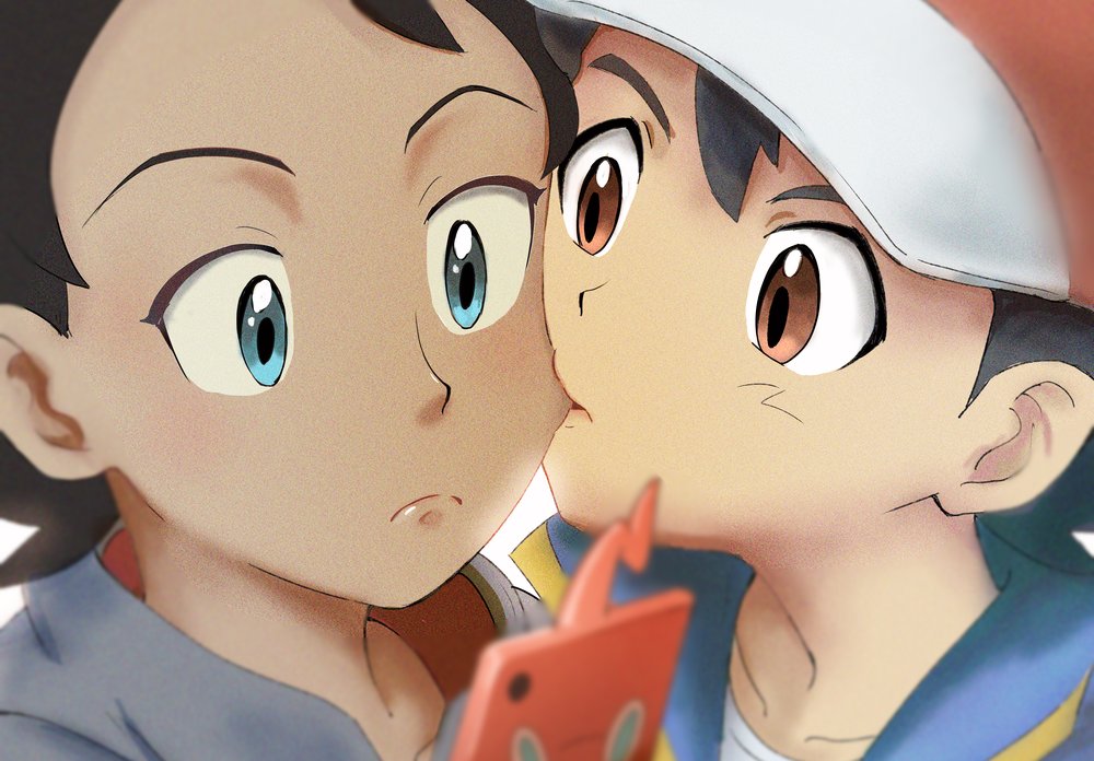 2boys ash_ketchum bangs baseball_cap black_hair blue_eyes blurry brown_eyes closed_mouth collarbone commentary_request gen_4_pokemon goh_(pokemon) hat light_frown looking_down male_focus matsuno_opa multiple_boys nibbling pokemon pokemon_(anime) pokemon_swsh_(anime) rotom rotom_phone shirt t-shirt