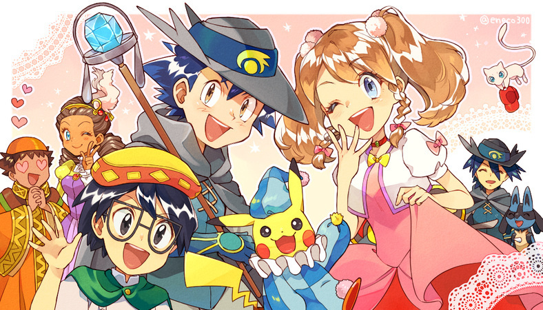 2girls 4boys ;d ash_ketchum bangs blue_eyes brock_(pokemon) brown_hair cape choker commentary_request dress eyebrows_visible_through_hair eyelashes gen_1_pokemon gen_4_pokemon glasses gloves grey_headwear hand_up hands_together hat heart heart_eyes holding interlocked_fingers kidd_summers lucario max_(pokemon) may_(pokemon) mew multiple_boys multiple_girls mythical_pokemon one_eye_closed open_mouth orange_headwear pikachu pink_dress pokemon pokemon_(anime) pokemon_m08 pokemon_rse_(anime) riley_(pokemon) sasairebun shiny shiny_hair short_hair short_sleeves smile teeth tongue w waving