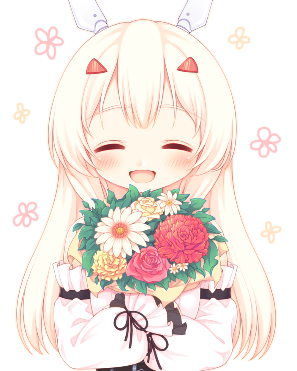 1girl :d ^_^ ayanami_(azur_lane) azur_lane bangs bare_shoulders blonde_hair blush bouquet closed_eyes commentary_request detached_sleeves dress eyebrows_visible_through_hair facing_viewer floral_background flower hair_ornament hairclip highres long_hair long_sleeves object_hug open_mouth puffy_long_sleeves puffy_sleeves red_flower red_rose rose sakurato_ototo_shizuku simple_background smile solo upper_body white_background white_dress white_flower white_sleeves yellow_flower yellow_rose