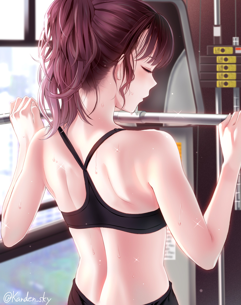 1girl back bangs bare_arms bare_shoulders blush closed_eyes eyebrows_visible_through_hair from_behind highres indoors kanden_suki long_hair original parted_lips ponytail profile purple_hair solo sparkle sports_bra sweat twitter_username upper_body window