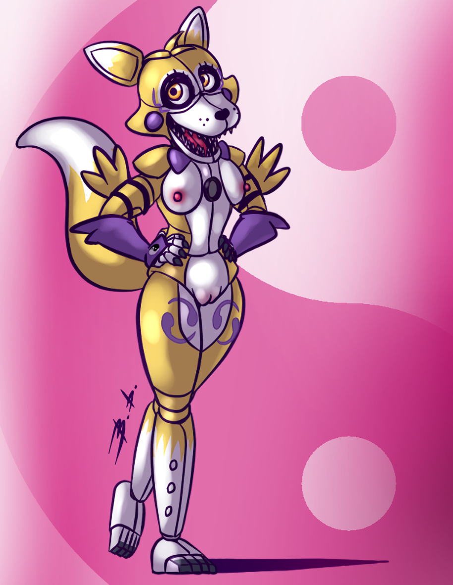 2018 alternate_color animatronic anthro arm_warmers armwear bassybefuddle black_nose bow_tie breasts canid canine clothing cosplay countershade_face countershade_torso countershading crossover crossover_cosplay digimon digimon_(species) digital_media_(artwork) dipstick_ears dipstick_tail eyelashes facial_markings fan_character female five_nights_at_freddy's fox genitals hands_on_hips head_markings leg_markings looking_at_viewer machine mammal markings mostly_nude multicolored_body multicolored_ears multicolored_tail nipples nude open_mouth purple_bow pussy renamon robot simple_background sister_location solo speaker standing teeth thigh_marking two_tone_body video_games white_body yellow_body yellow_eyes