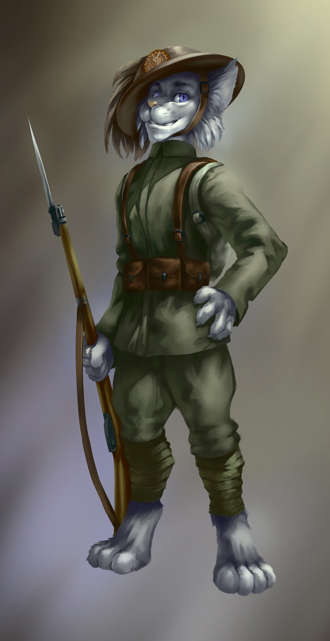 2018 anthro backpack bayonet claws clothed clothing eyebrows feathers felid feline fur grey_background grey_body grey_fur gun hat headgear headwear hi_res kingdom_of_italy knife looking_at_viewer lynx male mammal military military_cap military_clothing military_pants military_uniform pimpartist pink_nose purple_eyes ranged_weapon rifle simple_background solo spots teeth traditional_media_(artwork) uniform weapon world_war_1