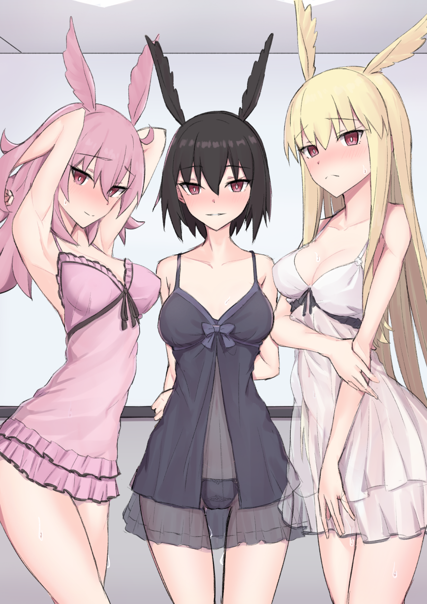 3girls armpits arms_behind_back arms_behind_head arms_up babydoll bangs bare_shoulders black_hair blonde_hair blush breasts cleavage collarbone elfenlied22 fate/grand_order fate_(series) head_wings highres hildr_(fate/grand_order) large_breasts long_hair looking_at_viewer multiple_girls ortlinde_(fate/grand_order) pink_hair red_eyes short_hair smile thighs thrud_(fate/grand_order) valkyrie_(fate/grand_order)