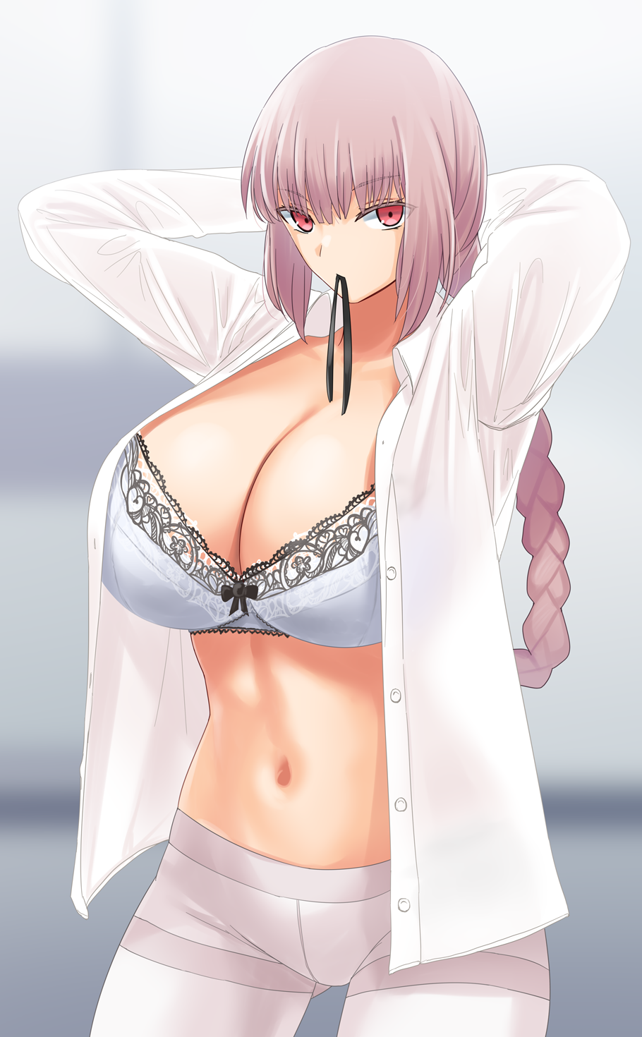 1girl arms_behind_head arms_up bangs bra braid braided_ponytail breasts cleavage collarbone collared_shirt dress_shirt fate/grand_order fate_(series) florence_nightingale_(fate/grand_order) folded_ponytail gachou highres large_breasts long_hair long_sleeves looking_at_viewer mouth_hold navel open_clothes open_shirt pantyhose pink_hair red_eyes shirt tying_hair underwear white_bra white_legwear white_shirt