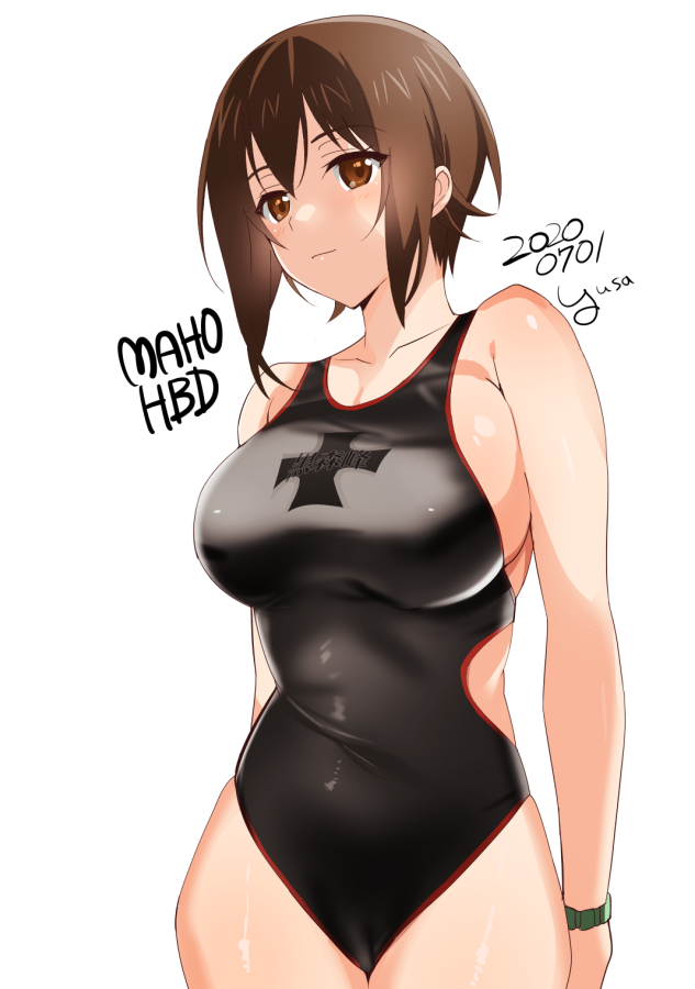 1girl artist_name bangs black_swimsuit bracelet breasts brown_eyes brown_hair character_name closed_mouth commentary cowboy_shot dated emblem girls_und_panzer jewelry kuromorimine_(emblem) large_breasts light_smile looking_at_viewer nishizumi_maho one-piece_swimsuit print_swimsuit saikawa_yusa short_hair side_cutout signature simple_background skindentation solo standing swimsuit white_background