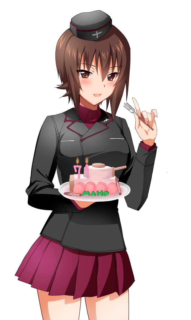 1girl bangs birthday birthday_cake black_headwear black_jacket brown_eyes brown_hair cake character_name commentary cowboy_shot dated dress_shirt eyebrows_visible_through_hair food food_tank fork garrison_cap girls_und_panzer hat highres holding holding_fork holding_plate index_finger_raised insignia jacket kuromorimine_military_uniform long_sleeves looking_at_viewer military military_hat military_uniform miniskirt nishizumi_maho open_mouth plate pleated_skirt red_shirt red_skirt saikawa_yusa shirt short_hair simple_background skirt smile solo standing uniform white_background wing_collar
