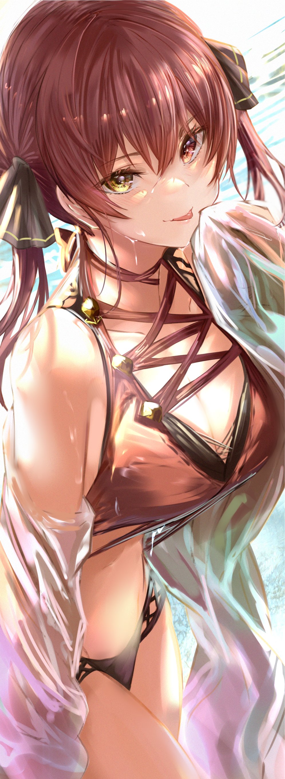 1girl :p absurdres bangs bare_shoulders bikini blush breasts choker cleavage eyebrows_visible_through_hair hair_ribbon heterochromia highres holding hololive houshou_marine large_breasts long_hair looking_at_viewer red_bikini red_eyes red_hair ribbon smile solo stomach swimsuit tongue tongue_out twintails virtual_youtuber wet yatsuka_(846) yellow_eyes