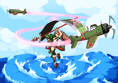 1girl aircraft amagi_(kantai_collection) ass bangs breasts brown_hair cleavage cleavage_cutout clothing_cutout cloud day flower hair_flower hair_ornament holding kantai_collection large_breasts long_hair lowres open_mouth outdoors pixel_art ponytail rigging scroll skirt sky solo warabin_(suteki_denpun) water