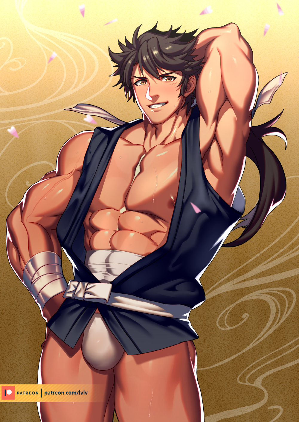 1boy abs arm_up armpits bara bare_chest brown_eyes brown_hair bulge chest cropped_legs fundoshi highres japanese_clothes loincloth long_hair lvlv male_focus muscle mutsu-no-kami_yoshiyuki nipples patreon_username ponytail shirt sleeveless sleeveless_shirt solo thick_thighs thighs touken_ranbu yellow_eyes