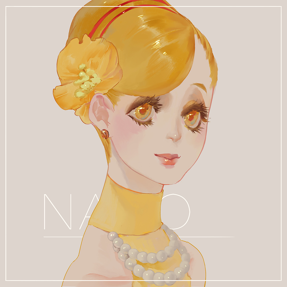 1girl akagi_mako ballroom_e_youkoso blonde_hair brown_eyes dress earrings flower hair_flower hair_ornament halterneck headband jewelry lips nano_(c175311) necklace pearl_necklace portrait solo yellow_dress