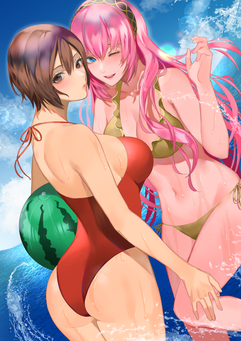 2girls ass ball bangs beachball bikini blue_eyes breasts brown_eyes brown_hair cloud commentary cowboy_shot dutch_angle frilled_bikini frills hair_between_eyes hairband highres holding holding_ball holding_beachball long_hair looking_at_viewer looking_back medium_breasts megurine_luka meiko meriko multicolored_hairband multiple_girls one-piece_swimsuit one_eye_closed open_mouth outdoors pink_hair red_swimsuit short_hair side-tie_bikini side-tie_bottom sideboob sky smile swimsuit thighs upper_teeth vocaloid water waves wet yellow_bikini