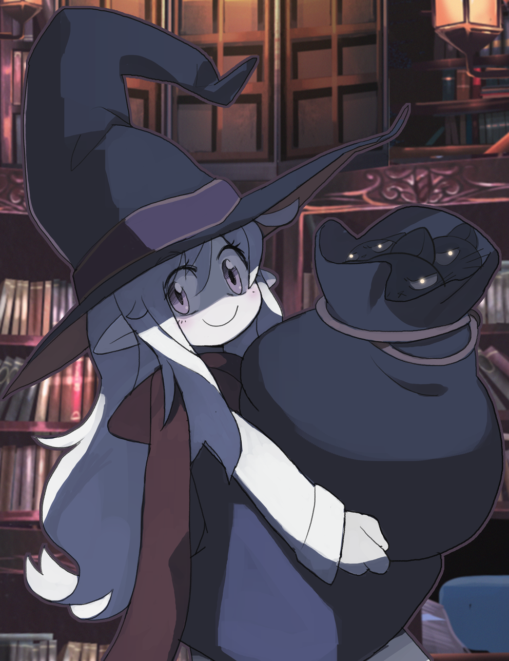 1girl book bookshelf closed_mouth crusaders_quest grey_headwear hat highres holding holding_sack long_sleeves looking_at_viewer pointy_ears purple_eyes red_scarf sack scarf smile solo standing white_skin whitebear witch_hat