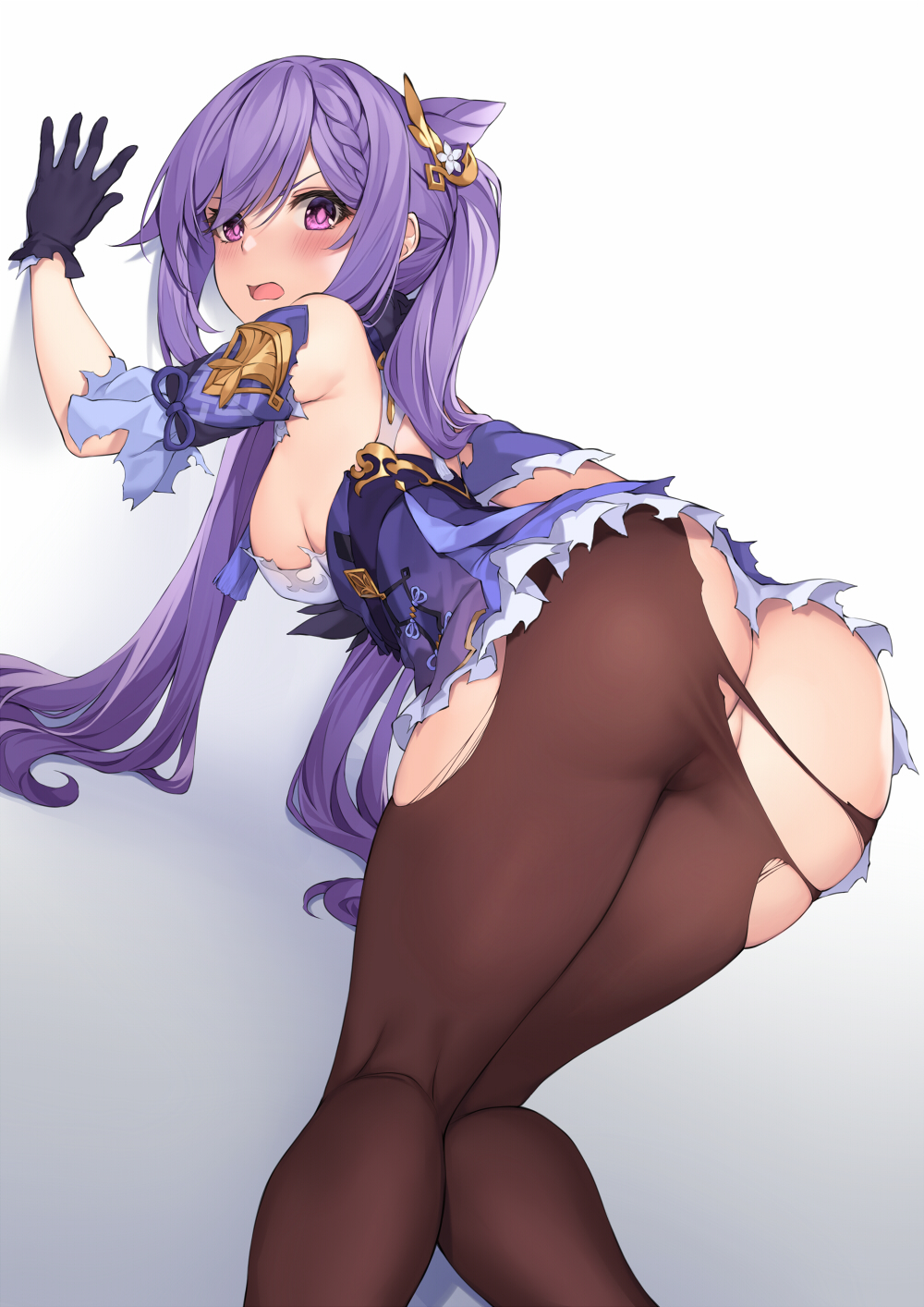 1girl ass bent_over black_gloves braid breasts brown_legwear detached_sleeves dress from_behind genshin_impact gloves hair_ornament highres keqing long_hair looking_at_viewer looking_back medium_breasts open_mouth pak_ce pantyhose pink_eyes purple_dress purple_hair short_dress simple_background skindentation solo torn_clothes torn_dress torn_gloves torn_legwear twintails v-shaped_eyebrows white_background