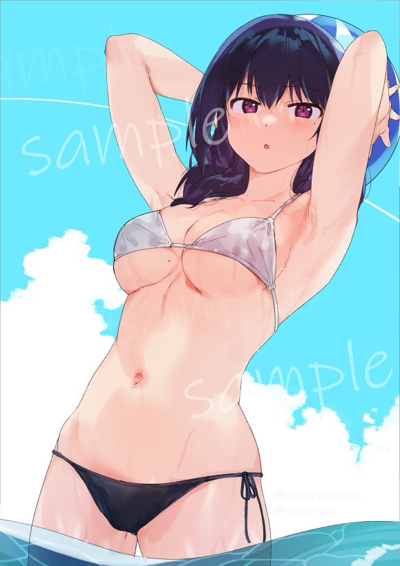 1girl armpits arms_up ball beachball bikini black_hair breasts cleavage collarbone harumi_hana holding holding_ball holding_beachball konbu_wakame large_breasts looking_at_viewer medium_hair mole mole_on_breast mole_under_eye purple_eyes sample sekai_de_ichiban_oppai_ga_suki! side-tie_bikini side-tie_bottom solo swimsuit twitter_username underboob watermark