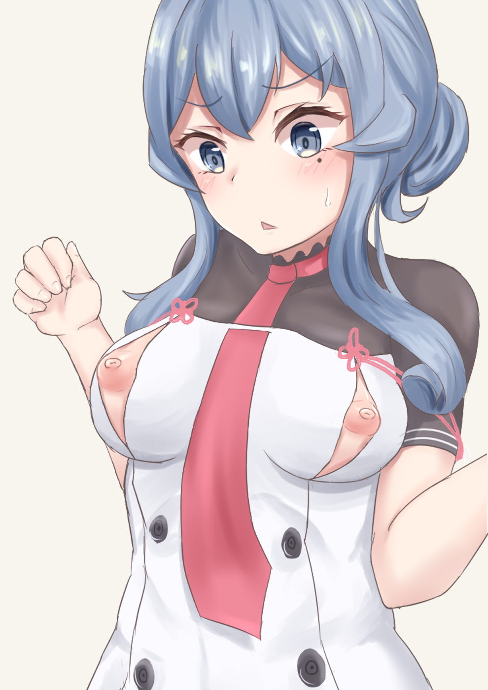 1girl blue_eyes blue_hair blush breasts commentary_request cosplay dress gotland_(kantai_collection) highres kantai_collection long_hair medium_breasts mole mole_under_eye murakumo_(kantai_collection) murakumo_(kantai_collection)_(cosplay) nipple_cutout nipples remodel_(kantai_collection) short_sleeves sinape solo speech_bubble white_dress